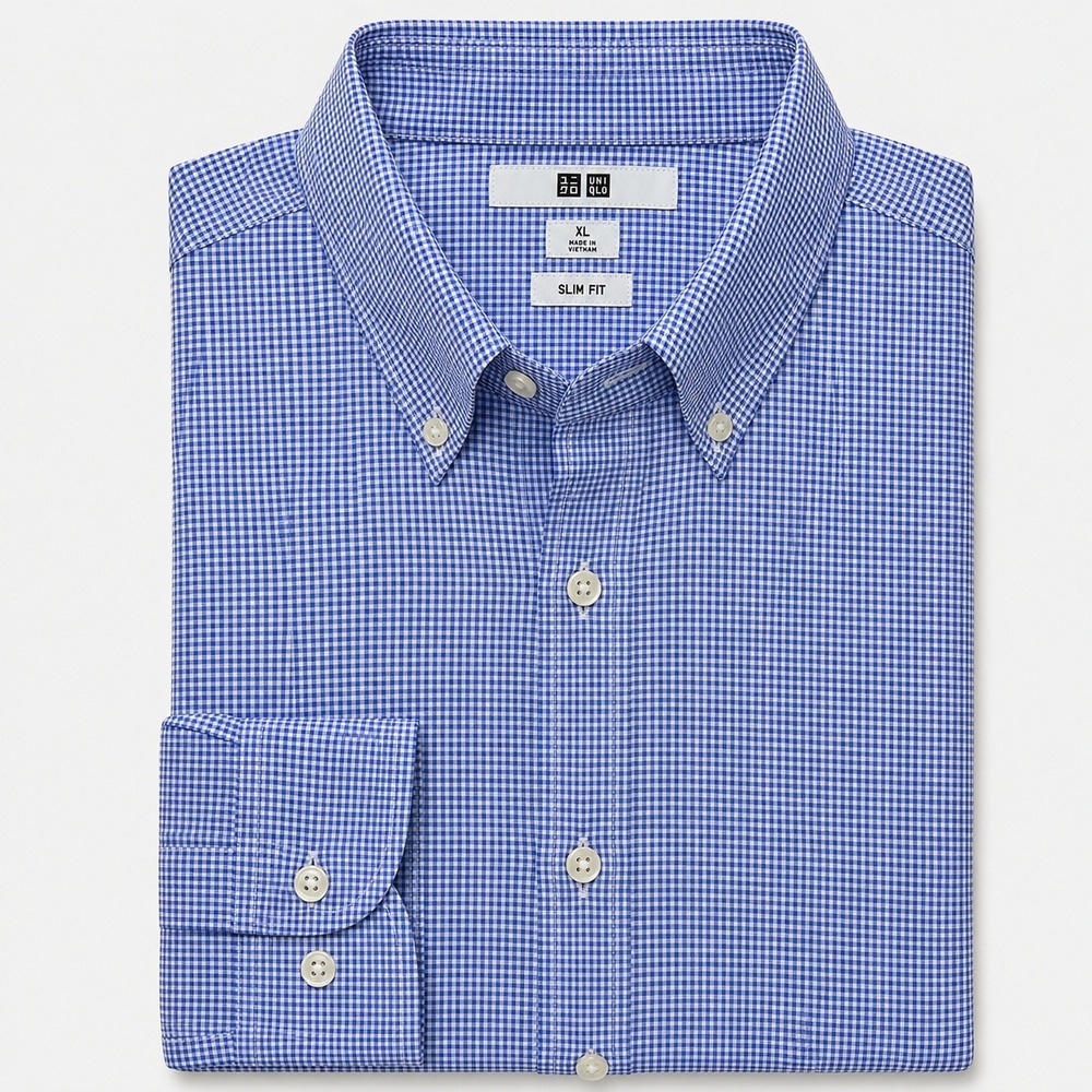 Mens‎ XL Uniqlo Dress Shirt Blue Houndstooth Micro Check Button Down Slim Fit
